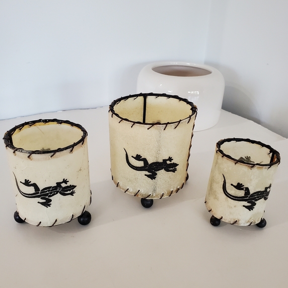 Raw Cowhide Set Of 3 Lizard Candle Holders Brown Metal Frames Southwestern Boho - Picture 12 of 12